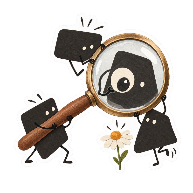 Qunxue: four charcoal paper researchers examining a daisy