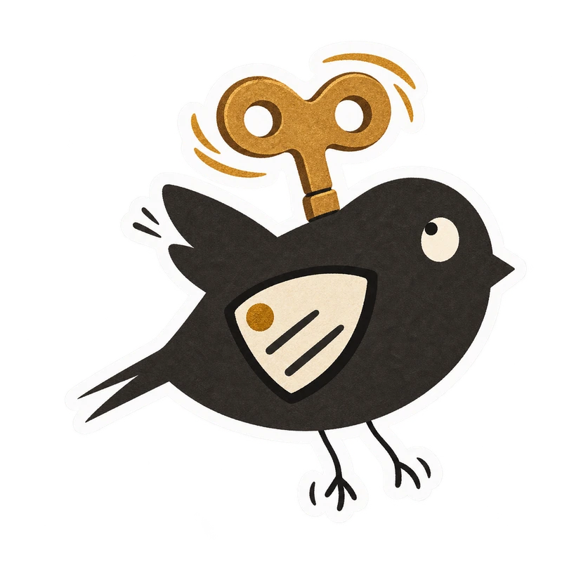 Windup: a mechanical bird taking off with its winding key